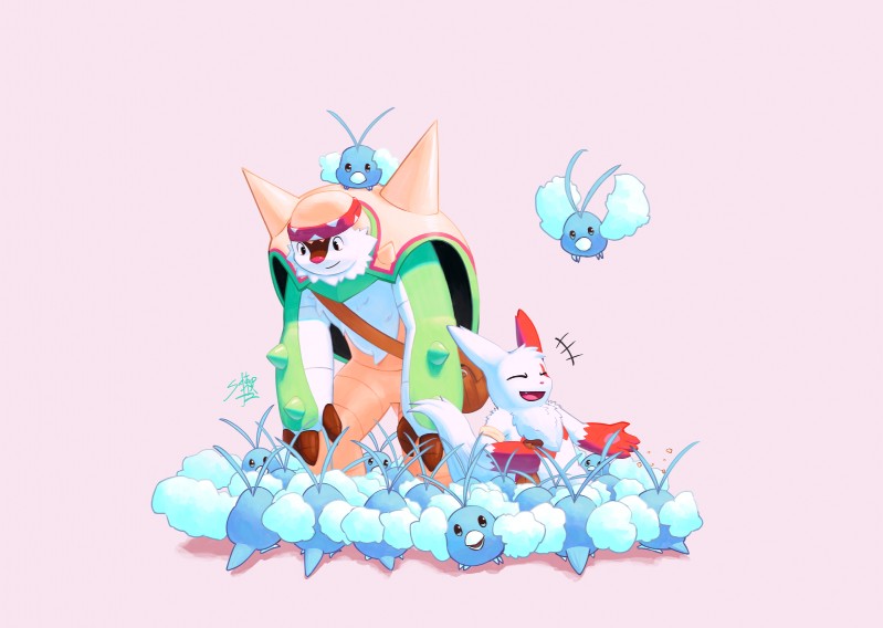 accessory armband bag beak blue_body duo fur green_body green_skin headband shell simple_background smile spikes white_body white_fur wings safero nintendo pokemon bruno_(safero) eforas_(safero) chesnaught generation_3_pokemon generation_6_pokemon pokemon_(species) swablu zangoose digital_media_(artwork) hi_res