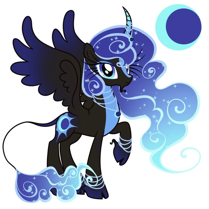 alternate_form ankle_tuft anklet black_body blue_body blue_countershading bracelet cloud_hair cloven_hooves countershading cutie_mark eyelashes facial_hair feathered_wings feathers female feral goatee hooves horn horn_jewelry jewelry leg_tuft moon necklace pseudo_hair quadruped smoke snout solo sparkles tail tail_tuft tuft unicorn_horn upturned_eyes wings dreamscreep friendship_is_magic hasbro my_little_pony mythology princess_luna_(mlp) equid equine mammal mythological_creature mythological_equine winged_unicorn 1:1 2024 digital_media_(artwork) hi_res procreate_(artwork)