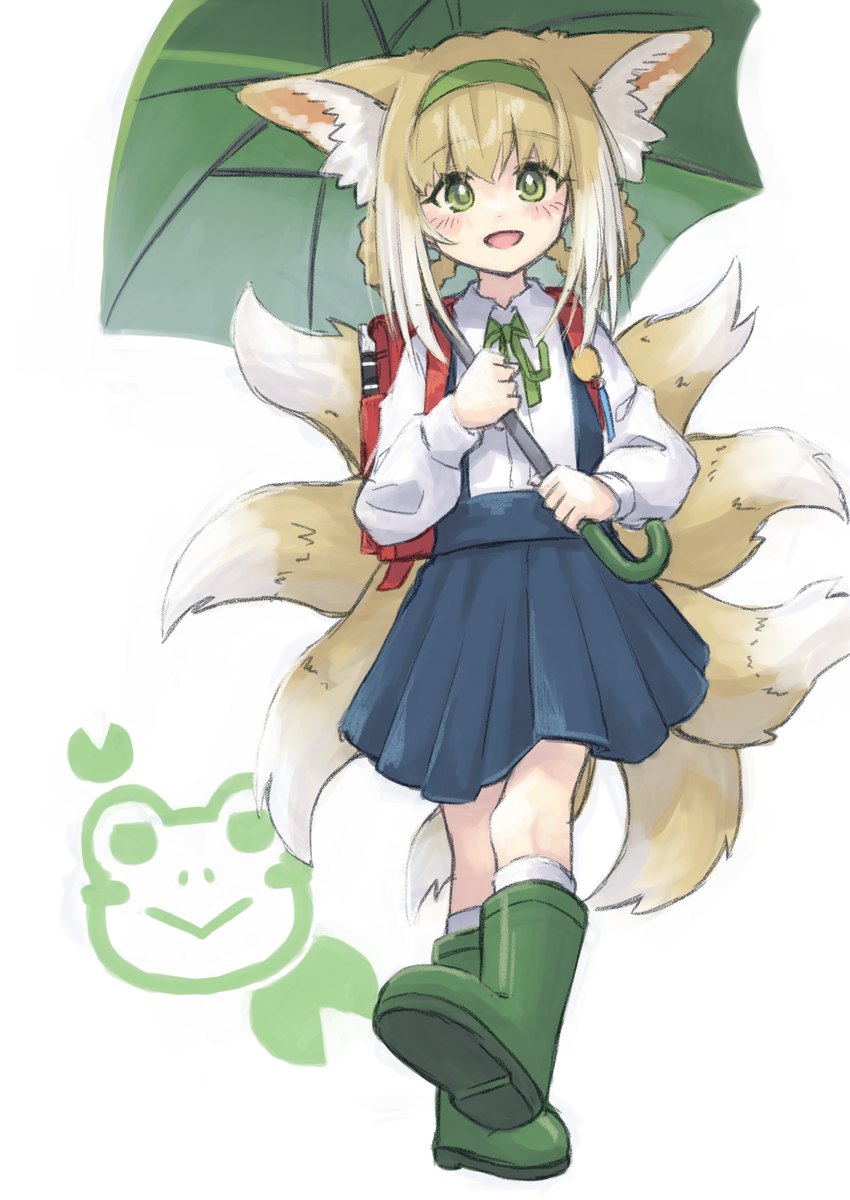 blonde_hair blush clothed clothing female female_humanoid fully_clothed fully_clothed_humanoid green_eyes hair holding_object holding_umbrella inner_ear_fluff open_mouth solo tail tuft umbrella walking young young_humanoid serena_runa arknights hypergryph studio_montagne suzuran_(arknights) animal_humanoid canid canid_humanoid canine canine_humanoid fox_humanoid humanoid mammal mammal_humanoid tailed_humanoid 2024 absurd_res full-length_portrait hi_res japanese_description portrait