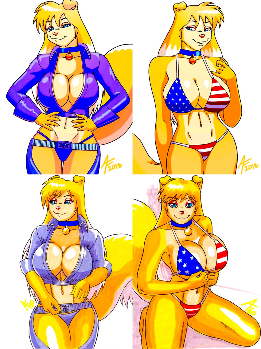 abs american_flag american_flag_bikini anthro belt_buckle big_breasts big_tail bikini bikini_cowgirl breasts buckle chaps cleavage clothed clothing collar comparison cosplay curvy_figure eyeshadow female flag flag_bikini flag_clothing flag_print flag_swimwear fluffy fluffy_tail fur hair huge_breasts looking_at_viewer makeup multicolored_body multicolored_fur multicolored_hair navel panties print_bikini print_clothing print_swimwear solo swimwear tail thick_thighs thong two-piece_swimsuit underwear united_states_of_america wide_hips yellow_body yellow_fur aaronhibiki angel_(king_of_fighters) lassie_(krillos) canid canine canis collie domestic_dog herding_dog mammal pastoral_dog sheepdog hi_res