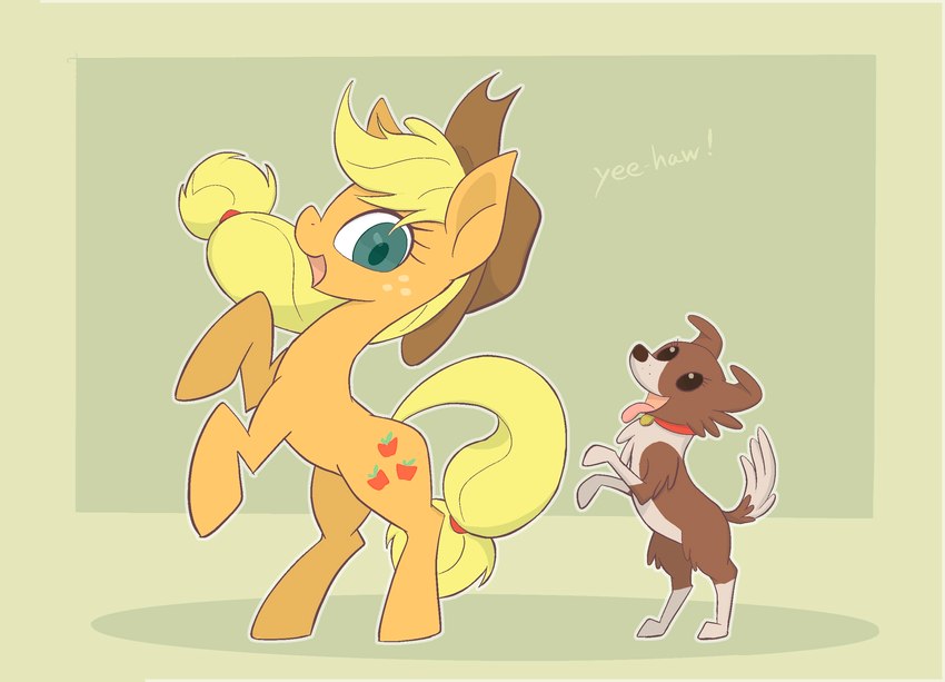 blonde_hair brown_body brown_fur clothing collar cowboy_hat cutie_mark duo female feral fur green_eyes hair hat headgear headwear hooves open_mouth orange_body quadruped tongue tongue_out noupu1115 friendship_is_magic hasbro my_little_pony applejack_(mlp) winona_(mlp) canid canine canis domestic_dog earth_pony equid equine horse mammal pony 2021 hi_res