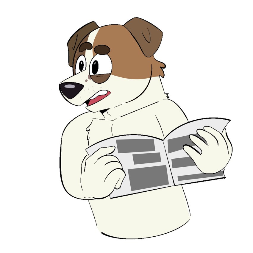 anthro black_eyes black_nose brown_body brown_ears brown_fur eyebrows fur half-closed_eyes holding_newspaper holding_object looking_at_another male multicolored_body multicolored_fur narrowed_eyes newspaper raised_eyebrow simple_background solo standing teeth tongue white_background white_body white_fur beargarbage bluey_(series) jack's_dad_(bluey) canid canine canis domestic_dog hunting_dog jack_russell_terrier mammal terrier 2023 digital_media_(artwork) hi_res