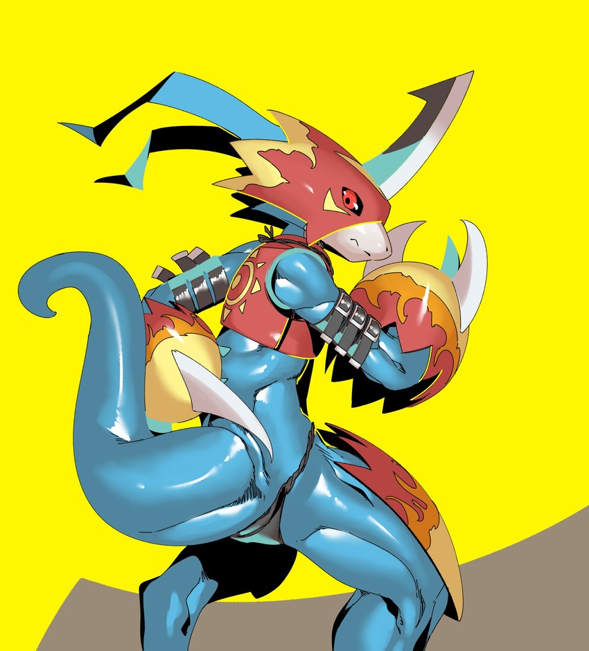 anthro armor asian_clothing athletic athletic_male belt blue_body claws clothing east_asian_clothing fundoshi headgear helmet japanese_clothing leather male red_eyes solo underwear skink_hisshiss bandai_namco digimon digimon_(species) flamedramon hi_res