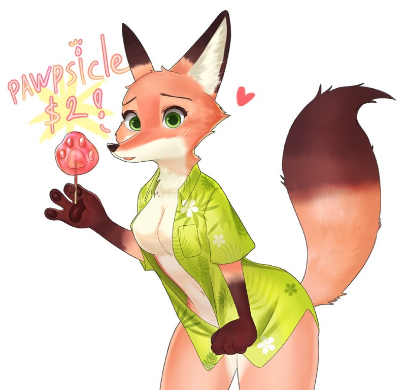 anthro breasts cheek_tuft clothed clothing crossgender dipstick_ears dipstick_tail ear_markings facial_tuft female food gloves_(marking) green_eyes holding_food holding_object holding_popsicle inner_ear_fluff looking_at_viewer markings mtf_crossgender multicolored_ears multicolored_tail navel neck_tuft open_clothing open_shirt open_topwear pawpads pawpsicle popsicle shirt simple_background solo tail tail_markings topwear tuft white_background swetpot disney zootopia nick_wilde canid canine fox mammal red_fox true_fox 2020 hi_res unavailable_at_source