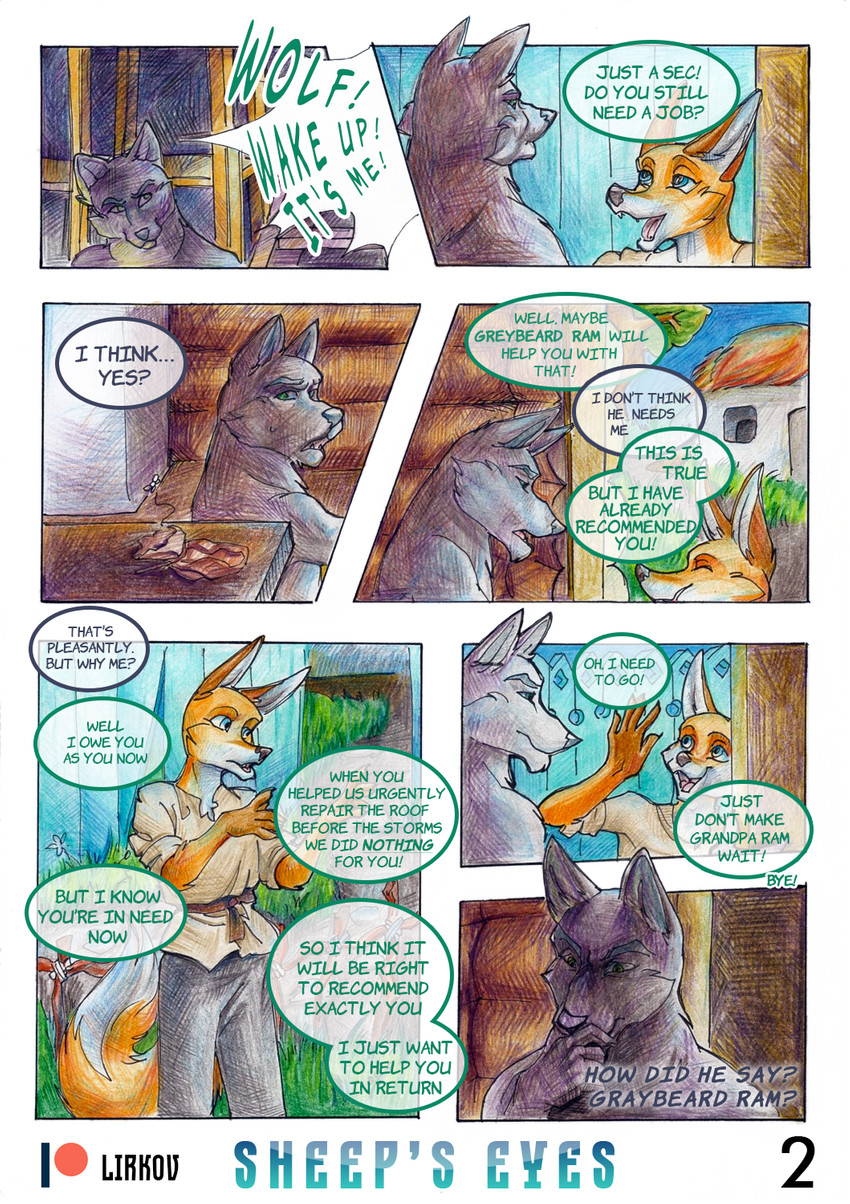 anthro clothing dialogue duo fur male text lirkov canid canine canis fox mammal red_fox true_fox wolf 2020 comic english_text hi_res traditional_media_(artwork)