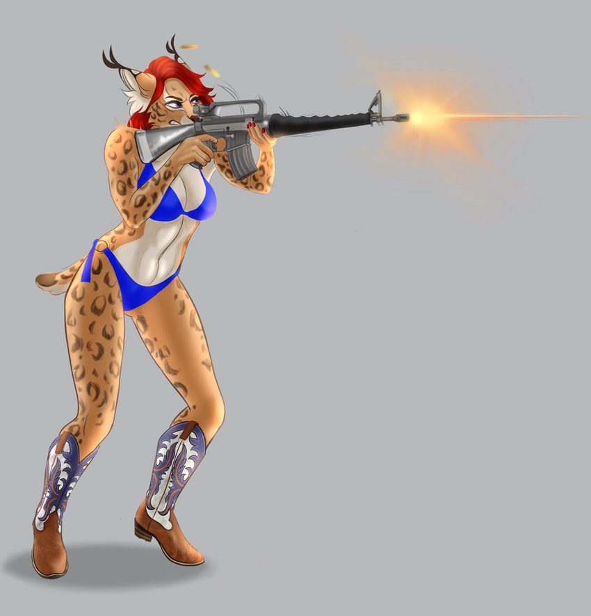 assault_rifle bikini blue_bikini blue_clothing blue_swimwear boots clothing cowboy_boots female footwear gun left-handed m16 ranged_weapon rifle shoes solo swimwear two-piece_swimsuit weapon cinnameana cadence_ann felid feline lynx mammal absurd_res hi_res