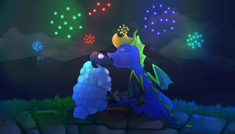 detailed_background duo female feral feral_on_feral fireworks fur interspecies kiss_on_lips kissing male male/female membrane_(anatomy) membranous_wings night purple_body surprise_kiss tail wings wool_(fur) marsminer activision mythology spyro_the_dragon marble_(gittonsxv) spyro bovid caprine domestic_sheep dragon mammal mythological_creature mythological_scalie scalie sheep suffolk_sheep 2016 absurd_res digital_media_(artwork) hi_res