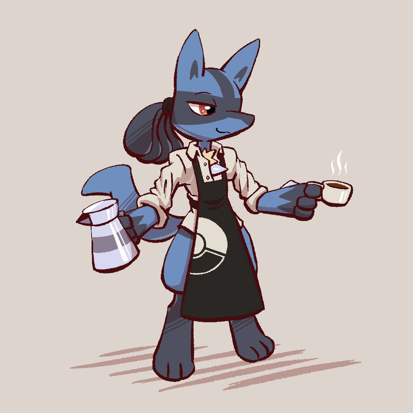 ambiguous_gender anthro barista beverage biped black_body chef_uniform clothed clothing coffee container cup digitigrade feet grey_background handpaw hindpaw holding_container holding_cup holding_mug holding_object mug paws red_eyes simple_background smile solo standing tail advos nintendo pokemon generation_4_pokemon lucario pokemon_(species) 1:1 2023 cel_shading digital_drawing_(artwork) digital_media_(artwork) full-length_portrait portrait shaded