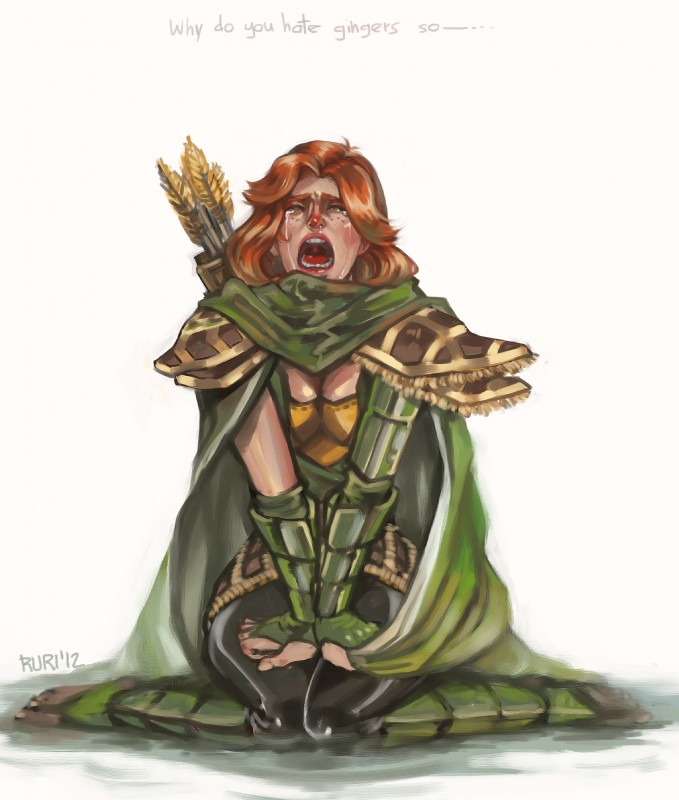 armor arrow_(weapon) bodily_fluids breasts cleavage clothed clothing crying dialogue female hair open_mouth quiver_(object) ranged_weapon red_hair solo tears text weapon ruri-adati dota valve lyralei_the_windranger 2012 english_text hi_res