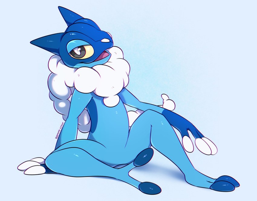 ambiguous_gender anthro blue_body featureless_crotch grey_eyes looking_at_viewer narrowed_eyes nude open_mouth pupils simple_background sitting solo white_pupils yellow_sclera bloominglynx nintendo pokemon frogadier generation_6_pokemon pokemon_(species) 2023 hi_res signature