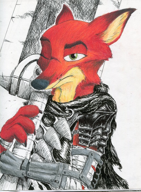 1_eye anthro armor berserker_armor_(berserk) cosplay crossover_cosplay dragon_slayer_(berserk) fur green_eyes knife male mechanical_arm melee_weapon parody prosthetic prosthetic_arm prosthetic_limb red_body red_fur scar solo sword weapon yalloutfoxed berserk_(series) disney zootopia guts_(berserk) nick_wilde canid canine fox mammal red_fox true_fox absurd_res crossover hi_res