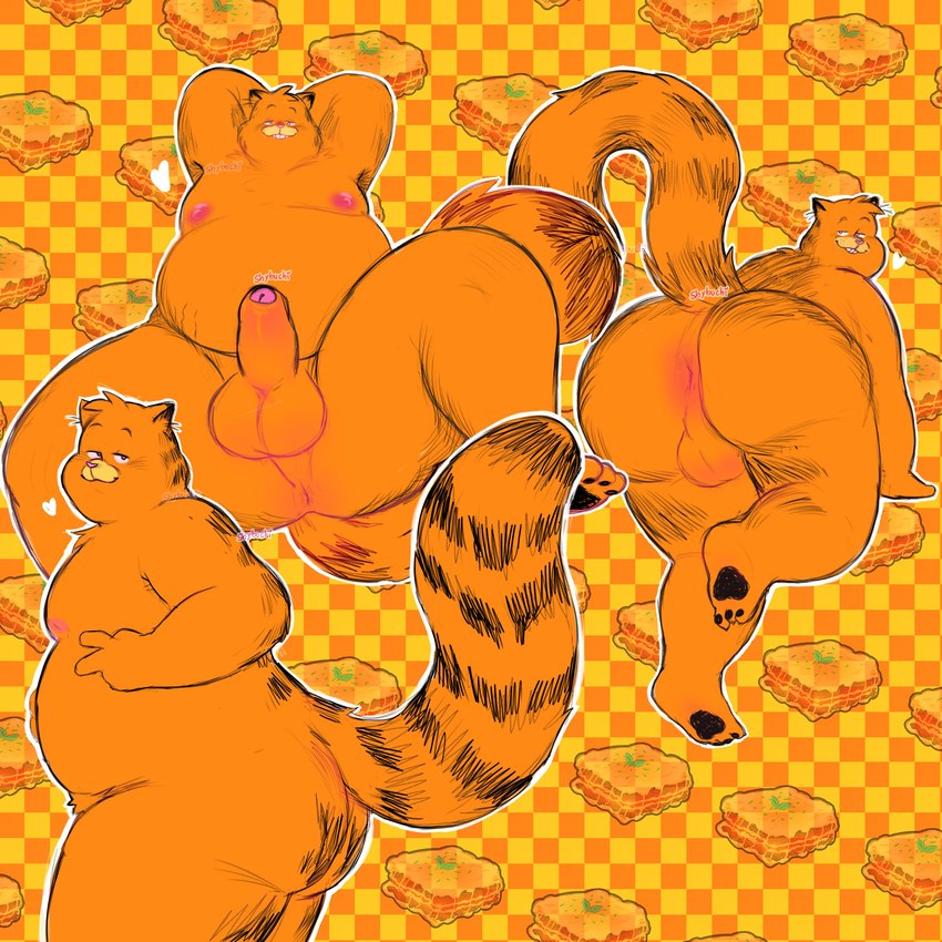 anthro anus balls belly big_butt butt erection food foreskin fur genitals heart_symbol lasagna looking_at_viewer looking_back male moobs naughty_face nipples orange_body orange_fur overweight overweight_male pasta pawpads penis perineum presenting presenting_anus slightly_chubby solo shyybuchi garfield_(series) garfield_the_cat domestic_cat felid feline felis mammal 1:1 absurd_res hi_res