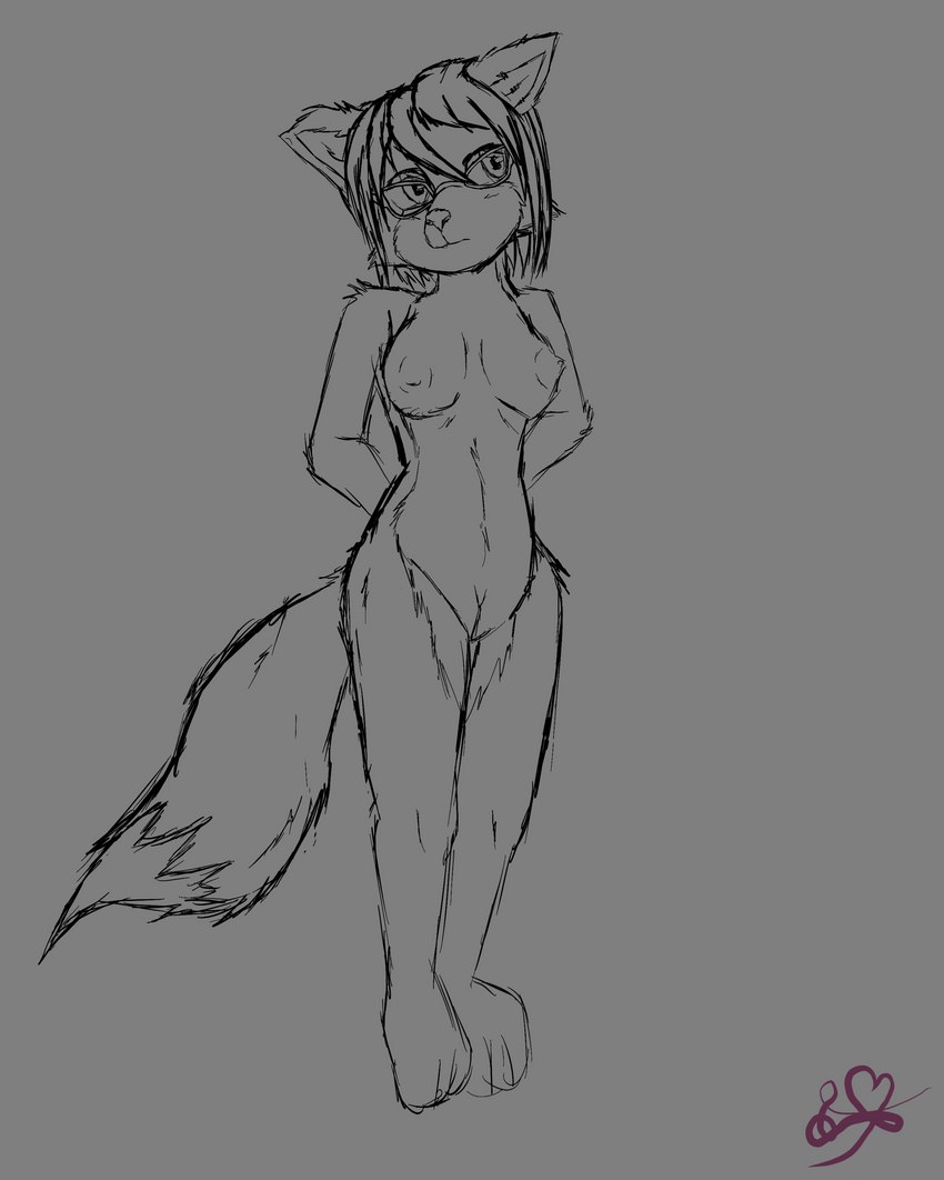 anthro breasts eyewear female genitals hair nude pussy short_hair solo caramelfox nintendo star_fox starfox_assault corneria_news_reporter canid canine fox mammal absurd_res digital_media_(artwork) greyscale hi_res monochrome sketch