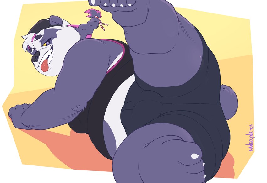 anthro belly braided_hair braided_ponytail bulge clothing detailed_bulge fur hair male overweight overweight_male ponytail presenting purple_body purple_eyes purple_fur shirt solo spread_legs spreading tank_top topwear underwear yellow_sclera mangolynx lifewonders tokyo_afterschool_summoners alp_(tas) bear giant_panda mammal hi_res