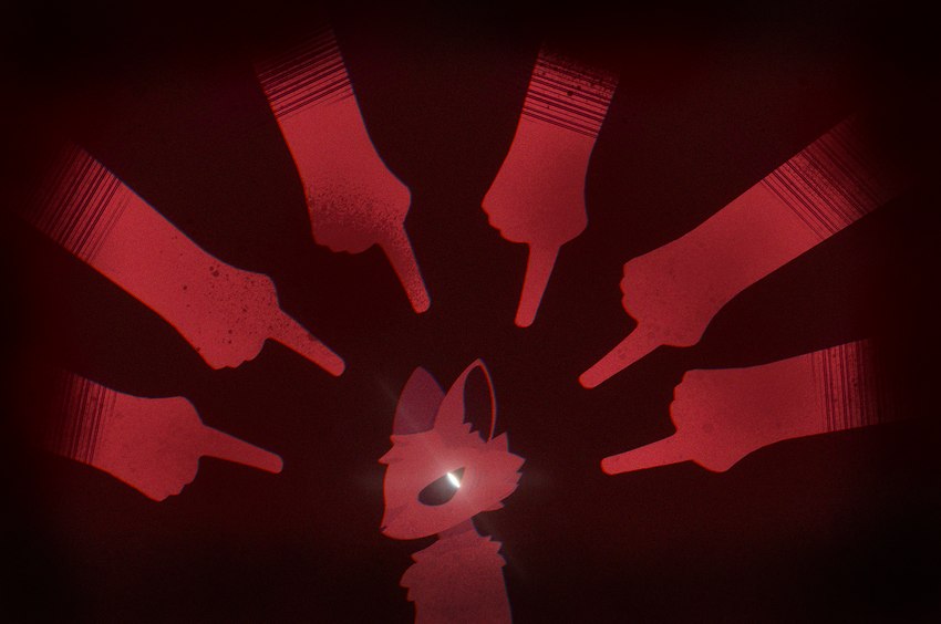 ambiguous_gender anthro fur gesture glowing glowing_eyes hand_gesture pointing red_body simple_background solo t_plan canid canine canis mammal wolf hi_res male_(lore)