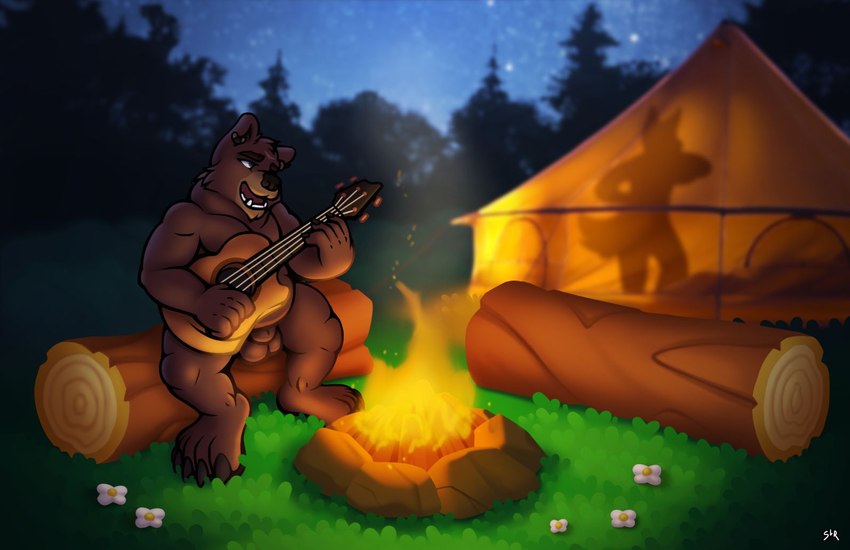 anatomically_correct anatomically_correct_genitalia anthro bass_guitar brown_body campfire camping genitals guitar male musical_instrument nature night paws plucked_string_instrument singing solo string_instrument saylir bjorn_twopaw bear mammal