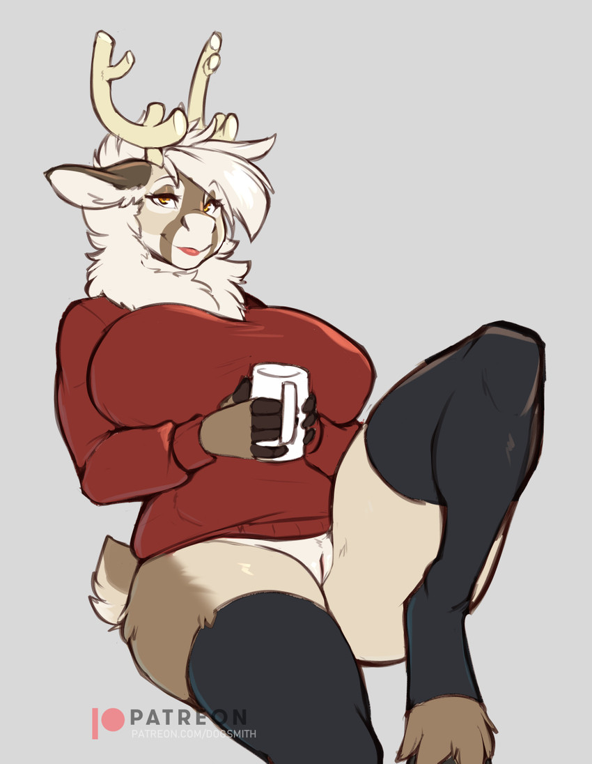 amber_eyes anthro antlers big_breasts bottomless breasts chest_tuft clothed clothing container cup curvy_anthro curvy_female curvy_figure eyelashes female fingerless_(marking) genitals grey_background hair holding_container holding_cup holding_object hooves horn humanoid_genitalia humanoid_pussy inner_ear_fluff legwear lipstick looking_at_viewer makeup mature_anthro mature_female neck_tuft no_underwear one_leg_up pink_pussy pussy raised_leg red_clothing red_sweater red_topwear scut_tail short_tail simple_background sitting smile solo stockings sweater sweater_only tail thick_thighs thigh_highs topwear topwear_only tuft unguligrade voluptuous voluptuous_anthro voluptuous_female white_hair wide_hips yellow_eyes inu-sama vixen_(reindeer) deer mammal new_world_deer reindeer 2020 hi_res