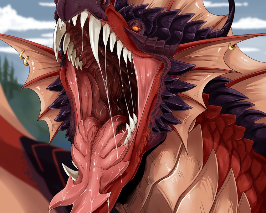 ambiguous_gender bodily_fluids cloud ear_frill fangs feral frill_(anatomy) frill_piercing frill_ring furgonomics furry-specific_piercing mouth_shot narrowed_eyes open_mouth orange_frill outside piercing pink_tongue purple_body purple_scales red_body red_eyes red_scales ring_piercing saliva saliva_on_tongue saliva_string scales sharp_teeth sky solo tan_body tan_scales teeth tongue imperatorcaesar mythology raylldo dragon mythological_creature mythological_scalie scalie absurd_res hi_res