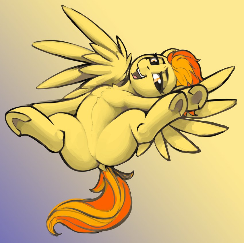 butt chest_tuft dock_(anatomy) eyebrows eyelashes feathered_wings feathers featureless_chest featureless_crotch female feral fur hair half-closed_eyes hooves looking_at_viewer lying narrowed_eyes null on_back open_mouth open_smile orange_eyes orange_hair orange_tail simple_background smile solo spread_legs spreading tail tuft underhoof wings yellow_body yellow_feathers yellow_fur dimfann friendship_is_magic hasbro my_little_pony mythology spitfire_(mlp) wonderbolts_(mlp) equid equine mammal mythological_creature mythological_equine pegasus 2021 digital_media_(artwork) hi_res