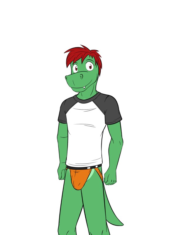 anthro bulge clothing jockstrap male orange_clothing orange_underwear shirt simple_background solo t-shirt topwear underwear white_background fuze texnatsu diego_abel alligator alligatorid crocodilian reptile scalie 3:4 hi_res