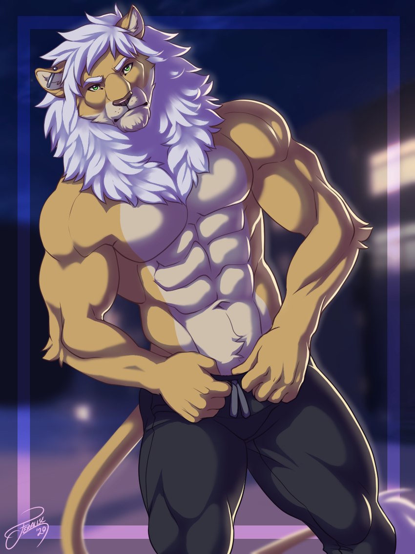 abs anthro biceps bottomwear clothed clothing ear_piercing ear_ring fur green_eyes hair male mane muscular muscular_anthro muscular_male pants pecs piercing pose pubes quads ring_piercing solo tan_body tan_fur topless triceps white_hair feralise felid lion mammal pantherine 2020 3:4 hi_res pinup portrait signature three-quarter_portrait