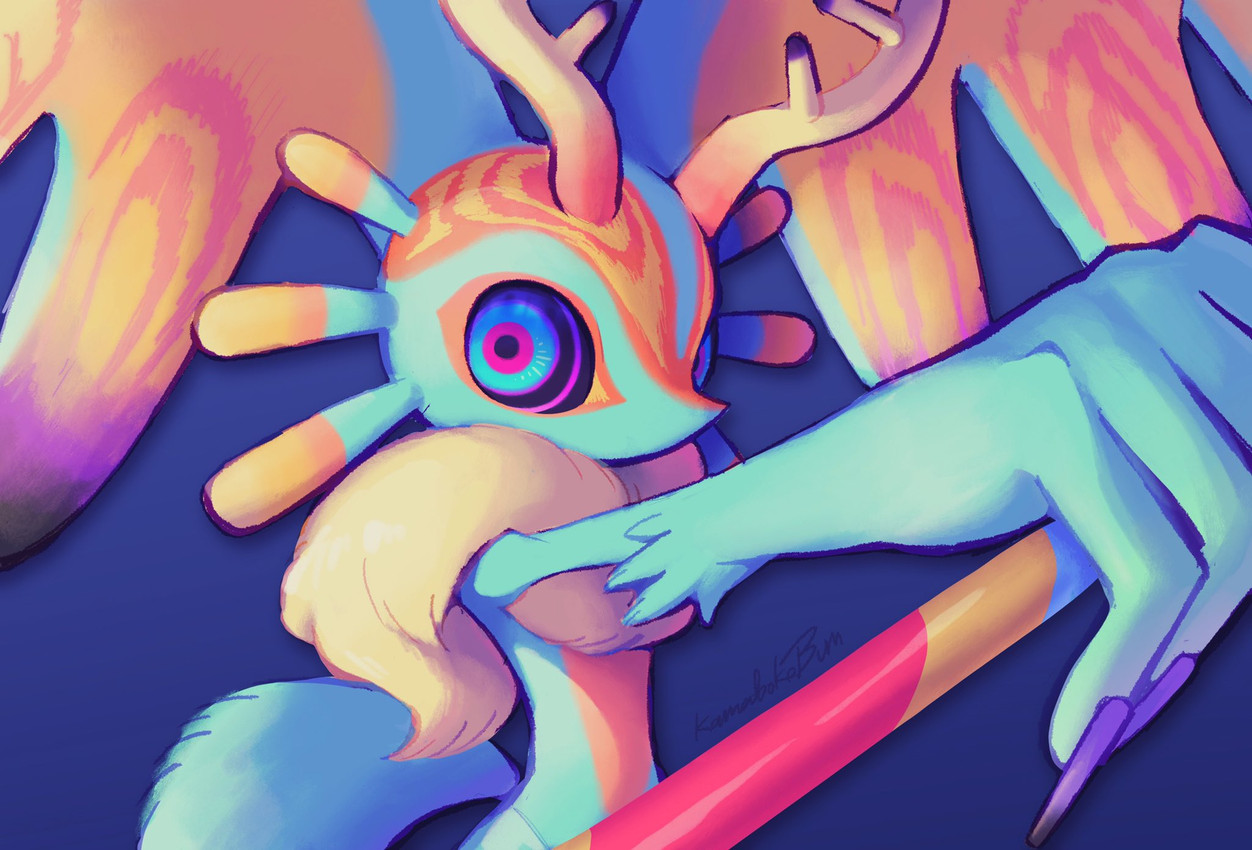 ambiguous_gender antares_(kirby_and_the_forgotten_land) anthro antlers biped black_sclera blue_background chest_tuft colored_nails countershading fingernails fluffy fluffy_tail fur head_wings holding_melee_weapon holding_object holding_polearm holding_weapon horn huge_wings looking_at_viewer melee_weapon mouthless multicolored_body multicolored_eyes multicolored_fur nails neck_tuft orange_body orange_fur pink_eyes polearm pupils purple_fingernails purple_nails simple_background solo tail tan_body tan_fur teal_body teal_eyes teal_fur three-quarter_view tuft unusual_wing_placement weapon wings kamabokobun kirby_(series) nintendo fecto_elfilis alien chinchilla chinchillid mammal rodent starling_(kirby) 2022 digital_drawing_(artwork) digital_media_(artwork) half-length_portrait hi_res portrait signature