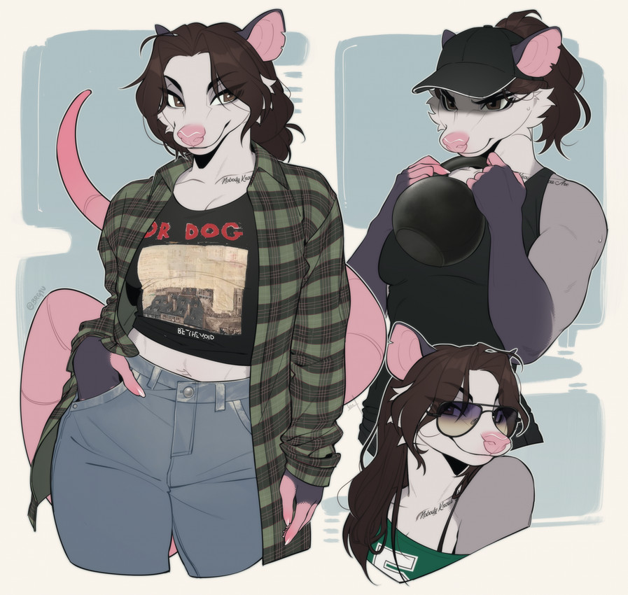 5_fingers anthro biped bottomwear bra breasts claws clothed clothed_anthro clothed_female clothing countershade_torso countershading eyewear female finger_claws fingers front_view fully_clothed fully_clothed_anthro fully_clothed_female fur glasses hair hat headgear headwear kettlebell navel pants shirt simple_background smile solo standing tail topwear underwear brg9u american_opossum mammal marsupial 2026 digital_drawing_(artwork) digital_media_(artwork) hi_res