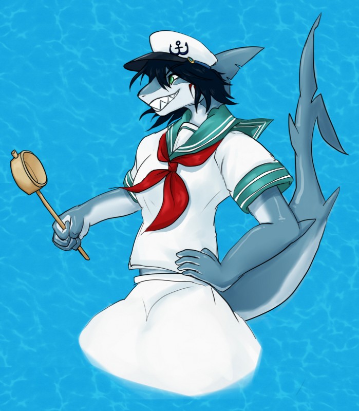 alternate_species anthro blue_background clothed clothing female furrification grin hat headgear headwear sailor_uniform simple_background smile solo water soda_uyu touhou minamitsu_murasa fish marine shark hi_res