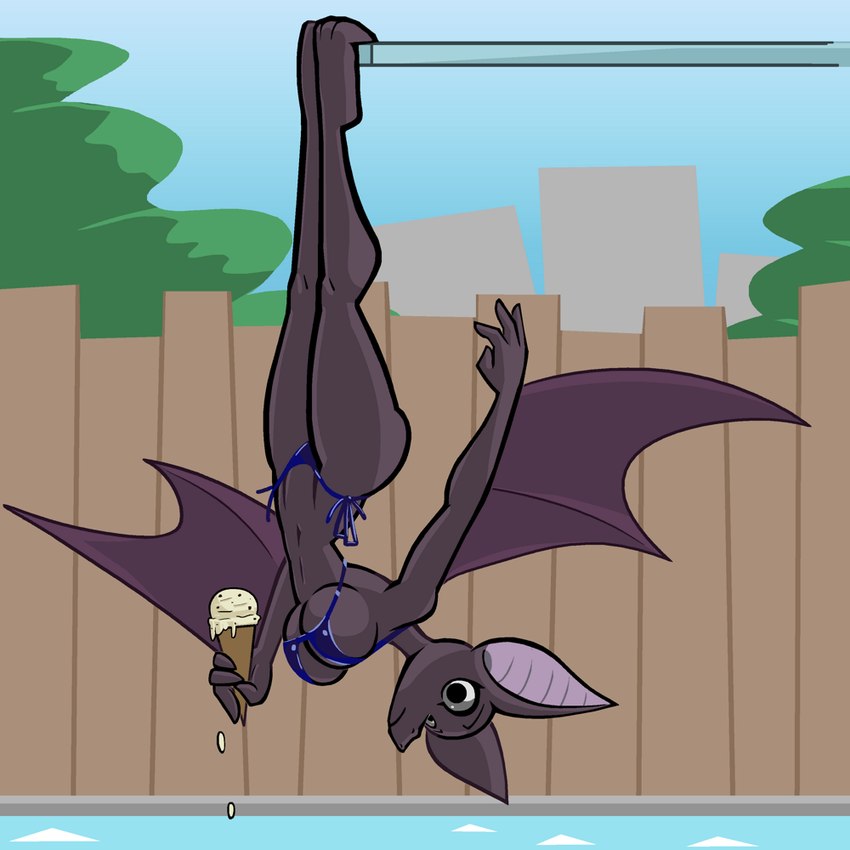 anthro barefoot bat_ears bat_wings big_breasts bikini blue_bikini blue_clothing blue_swimwear breasts clothed clothing day detailed_background diving_board feet female food ice_cream_cone looking_at_viewer membrane_(anatomy) membranous_wings outside pool side-tie_bikini solo string_bikini swimwear two-piece_swimsuit upside_down water winged_arms wings aygee kamora_(argent) bat mammal 1:1 2024