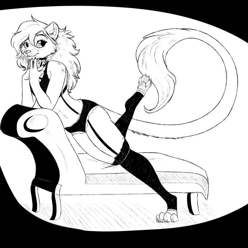 ambiguous_gender clothing lingerie mane solo tail el-gallo tass_(tassy) felid hybrid liger lion mammal pantherine 1:1 black_and_white hi_res monochrome