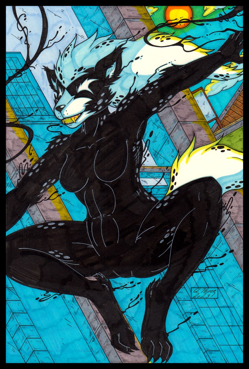 anthro black_border border breasts city city_background duo featureless_breasts featureless_crotch feet female fur hair markings nude open_mouth paws simple_background smile solo spots spotted_body spotted_fur swinging tail text cougar_leon marvel autumn_williams hysteria_klyntar alien hyena mammal spotted_hyena symbiote werecreature werehyena 2023 colored comic hi_res marker_(artwork) traditional_media_(artwork)