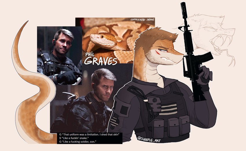 alternate_species american_flag anthro assault_rifle black_clothing black_gloves black_handwear black_topwear blue_eyes clothing dialogue electronics facial_scar forked_tongue frown fur furrification gloves gun handwear holding_assault_rifle holding_gun holding_object holding_ranged_weapon holding_weapon male military multicolored_body multicolored_fur multicolored_scales orange_body orange_scales radio ranged_weapon rifle scales scar scowl solo spoiler tan_body tan_scales teeth text tongue topwear two_tone_body two_tone_scales united_states_of_america weapon sinnple activision call_of_duty call_of_duty:_modern_warfare_ii phil_graves american_copperhead human mammal pit_viper reptile scalie snake viper 2022 english_description english_text hi_res watermark