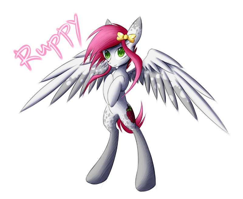 bow_(feature) bow_tie cutie_mark feathered_wings feathers featureless_crotch female feral green_eyes hair hooves pink_hair simple_background smile solo standing text white_background wings queenbloodysky hasbro my_little_pony mythology fan_character equid equine mammal mythological_creature mythological_equine pegasus hi_res