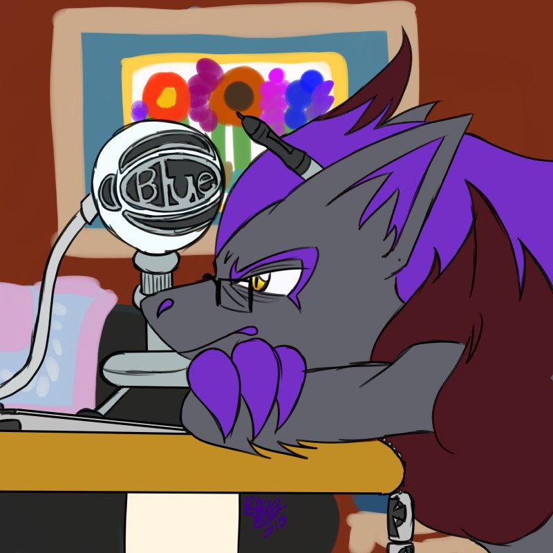 annoyed computer desk electronics eyewear frown fur furniture glasses grey_body grey_fur hair humor jewelry microphone necklace painting purple_hair side_view sitting table yellow_eyes shdowedfrmlvinghrt blue_microphones nintendo pokemon too_early_for_this canid canine generation_5_pokemon mammal pokemon_(species) zoroark 1:1 2015 absurd_res digital_media_(artwork) hi_res meme reaction_image signature