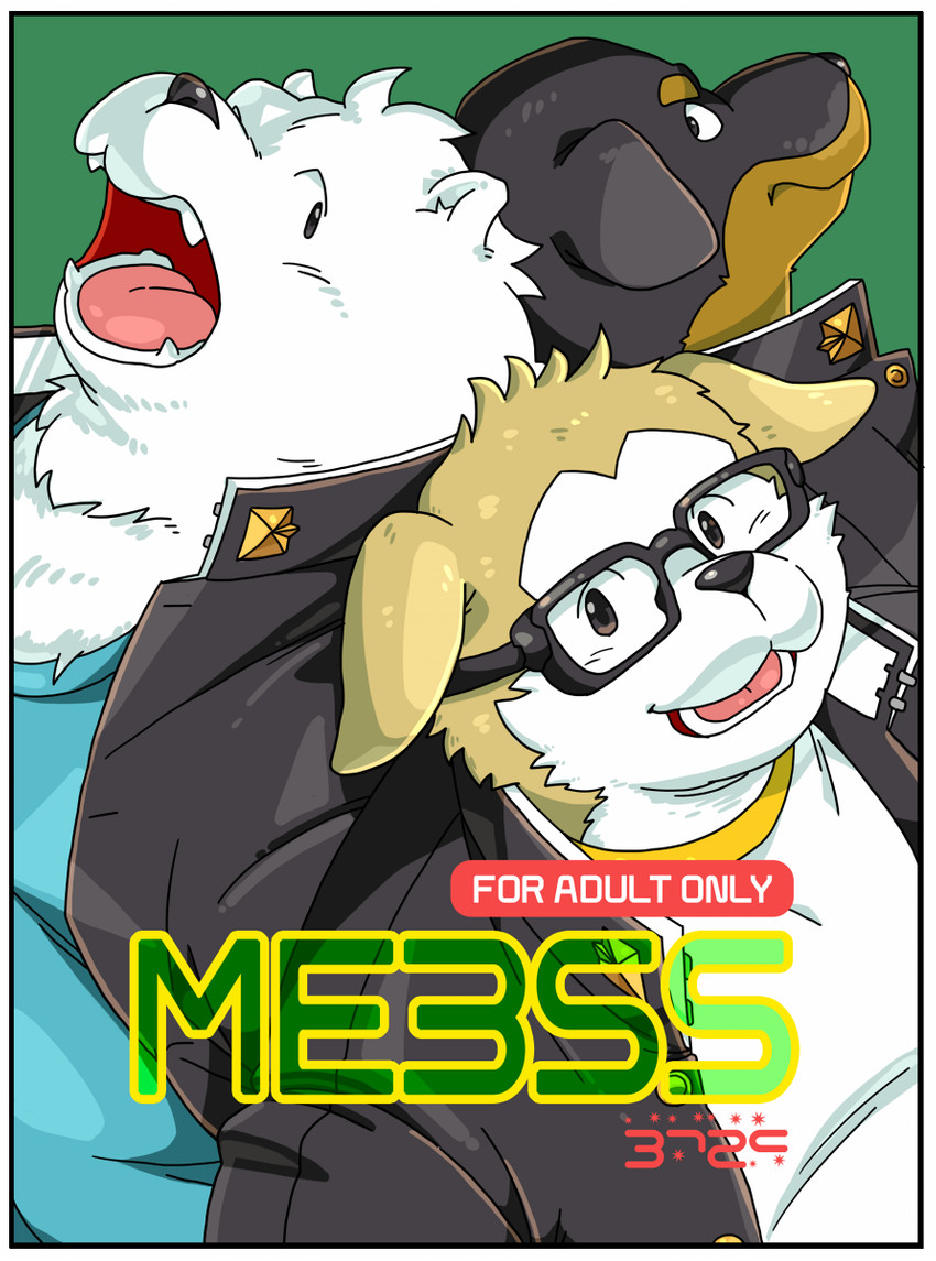 anthro black_body black_fur border brown_body brown_fur clothing eyewear fur glasses group kemono male overweight overweight_male shirt teeth text topwear white_body white_border white_fur yuzpoco bear canid canine canis domestic_dog mammal 2015 hi_res