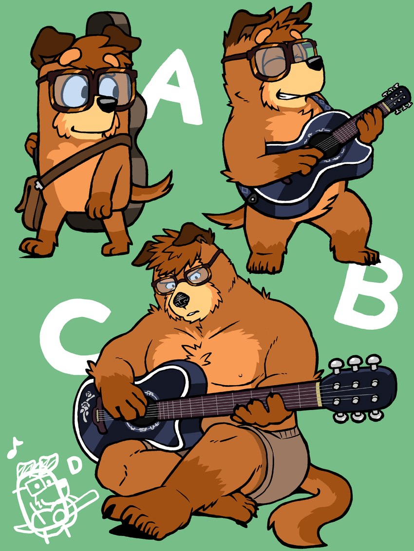 black_guitar bottomwear brown_body clothing eyewear glasses green_background guitar guitar_on_back male musical_instrument musician playing_guitar playing_music plucked_string_instrument shorts simple_background solo string_instrument kajimaru_0507 bluey_(series) busker_(bluey) canid canine canis domestic_dog irish_terrier mammal 3:4 hi_res