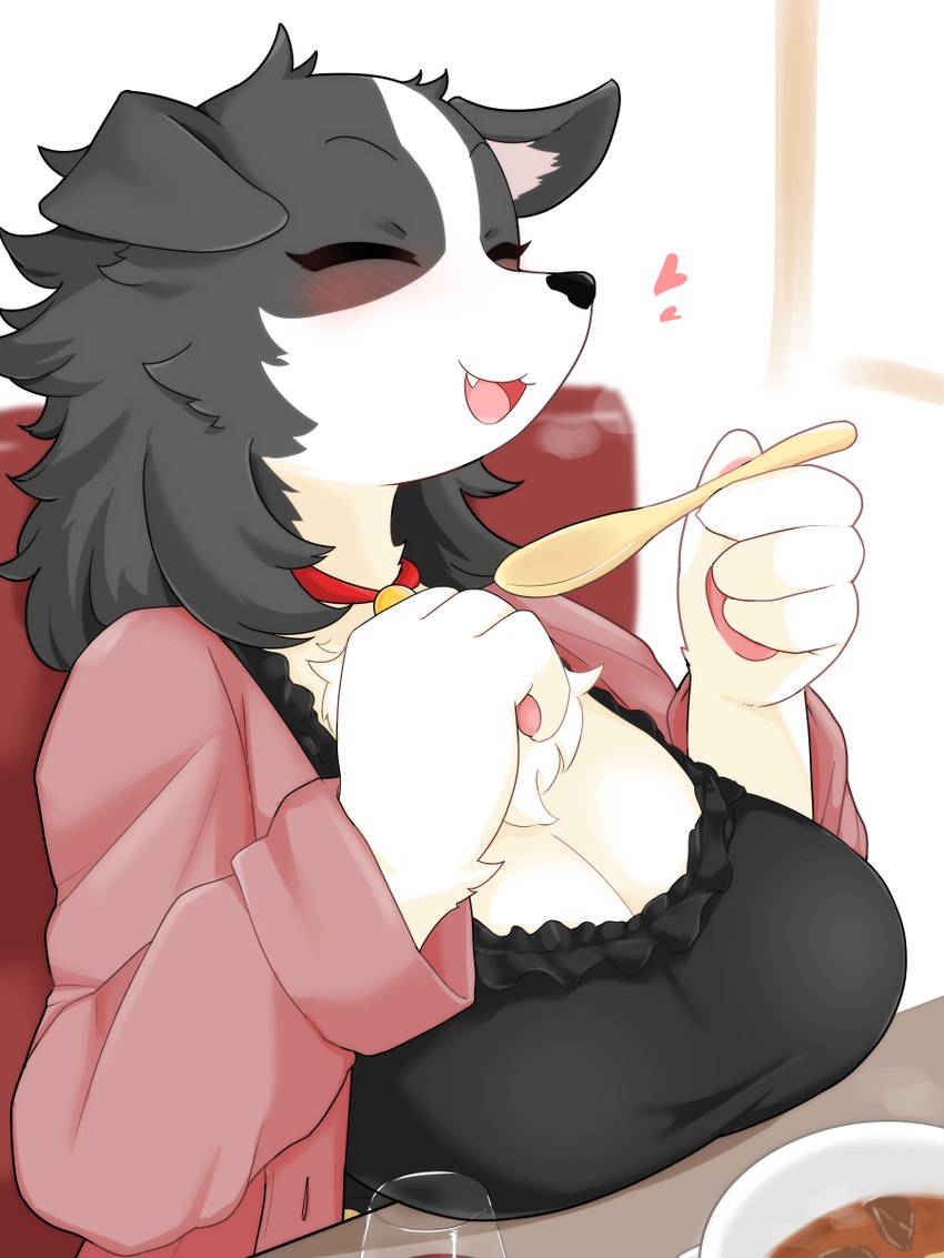 4_fingers anthro big_breasts black_body black_clothing black_fur blush breast_rest breasts cleavage clothed clothing collar cute_fangs cutlery daww eating eyes_closed fangs female female_anthro fingers food fur glass happy heart_symbol kemono kitchen_utensils multicolored_body multicolored_fur neck_tuft open_mouth open_smile pink_clothing red_collar sitting smile snout solo soup spoon teeth tools tuft two_tone_body two_tone_fur white_body white_fur takeshi_kemo bodako_(takeshi_kemo) border_collie canid canine canis collie domestic_dog herding_dog mammal pastoral_dog sheepdog 2021 3:4 hi_res