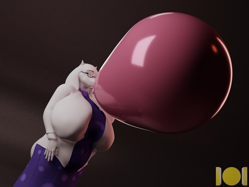 anthro balloon big_breasts black_eyebrows black_eyewear black_glasses blowing_balloon breasts clothing eyebrows eyes_closed eyewear female glasses hair horn huge_breasts inflatable logo pink_balloon purple_clothing solo white_body white_clothing white_ears white_horn onehundredandone undertale_(series) toriel bovid caprine goat mammal 2024 3d_(artwork) absurd_res artist_logo blender_(artwork) colored digital_media_(artwork) hi_res