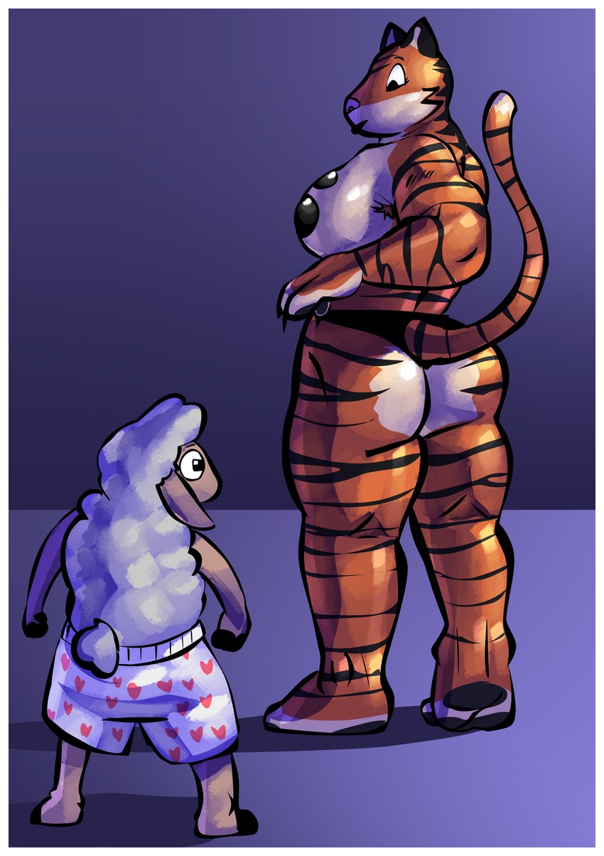 anthro border boxers_(clothing) breasts clothing duo female heart_boxers heart_clothing heart_symbol heart_underwear larger_female male muscular muscular_female size_difference underwear white_border coldgemini disney pack_street zootopia pandora_(weaver) remmy_cormo bovid caprine felid mammal pantherine sheep tiger absurd_res hi_res