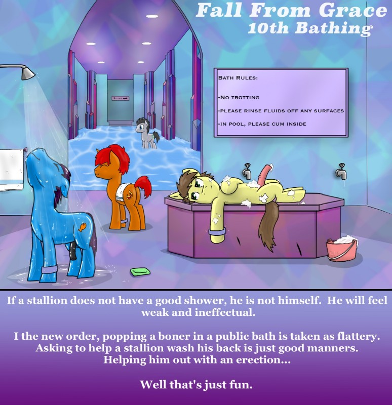 bath bathhouse bathing communal_shower erection fall_from_grace feral genitals group male nude penis public public_nudity shower soap text towel killian_joy friendship_is_magic hasbro my_little_pony equid mammal english_text hi_res