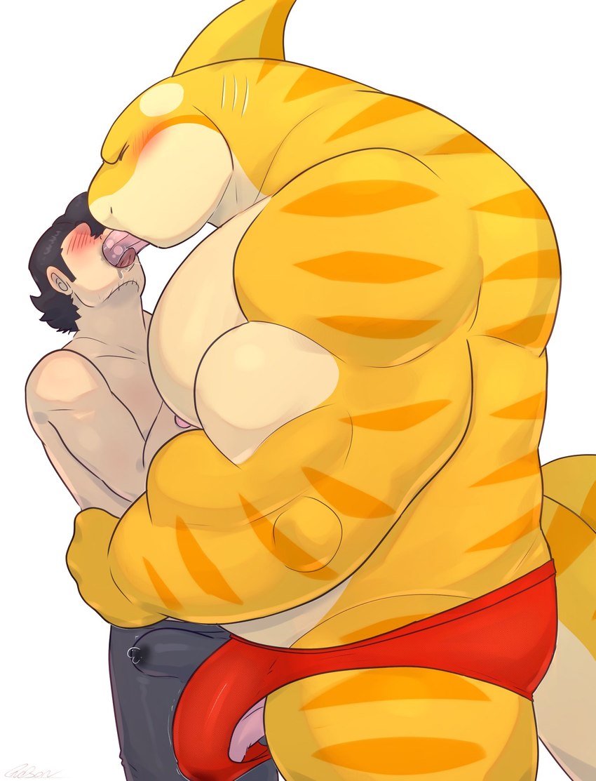 anthro big_muscles big_pecs blush blush_lines bodily_fluids brown_hair clothed clothing deep_kiss duo erection erection_under_clothing eyes_closed fin french_kissing genital_fluids gills hair hug human_on_anthro interspecies kissing larger_anthro larger_male male male/male multicolored_body muscular muscular_anthro muscular_male neck_gills nipples pecs precum precum_through_clothing romantic romantic_couple size_difference smaller_human smaller_male speedo speedo_only striped_body stripes swimwear topless wet wet_clothing white_body yellow_body same22shark karzaa fish human mammal marine requiem_shark shark tiger_shark hi_res