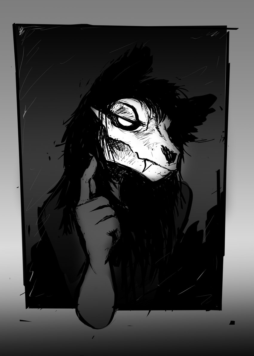 anthro bone female glowing glowing_eyes mirror sink skull skull_head solo hladilnik mewing_(meme) scp_foundation scp-1471-a canid canid_demon demon malo mammal monster undead 2025 greyscale hi_res monochrome