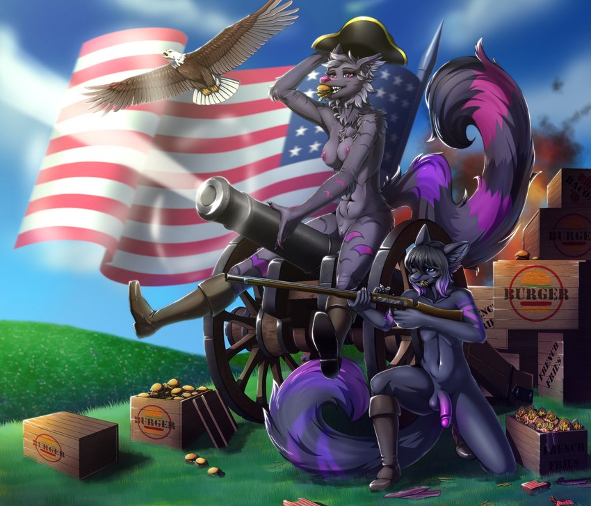 anthro bacon bodyguard burger cannon duo female femboy firing_weapon food freedom fries genitals gun hair holidays male male/female meat musket penis prosthetic purple_hair purple_penis ranged_weapon revolution revolutionary_war shooting united_states_of_america weapon anonymous_artist 4th_of_july pelusa suerte accipitrid accipitriform arctic_wolf avian bald_eagle bird canid canine canis deity domestic_cat eagle felid feline felis mammal sea_eagle wolf absurd_res hi_res