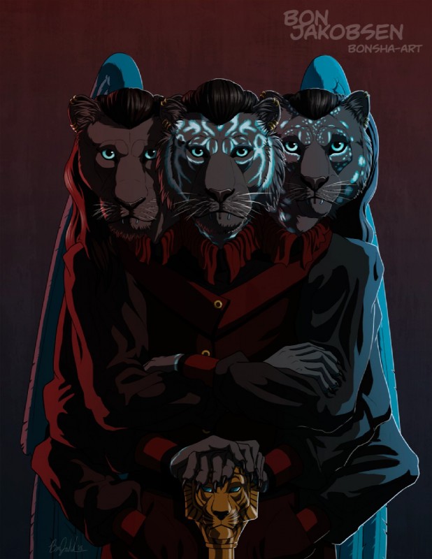 3_heads 6_arms 6_fingers cane cerberus_conjoinment clothing conjoined feathered_wings feathers fingers male multi_arm multi_head multi_limb multifur solo suit wings bonsha drognarus felid hybrid lion mammal pantherine snow_leopard tiger hi_res