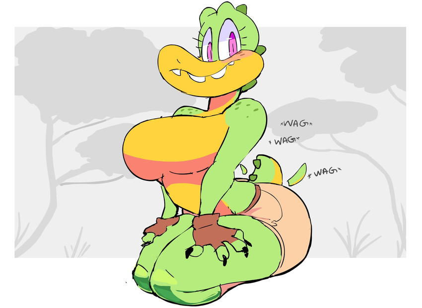 anthro bottomwear breasts clothed clothing featureless_breasts female looking_at_viewer non-mammal_breasts plant shorts solo tail tail_motion tailwag topless tree vimhomeless sydney_swamp_(vimhomeless) crocodile crocodilian reptile scalie hi_res