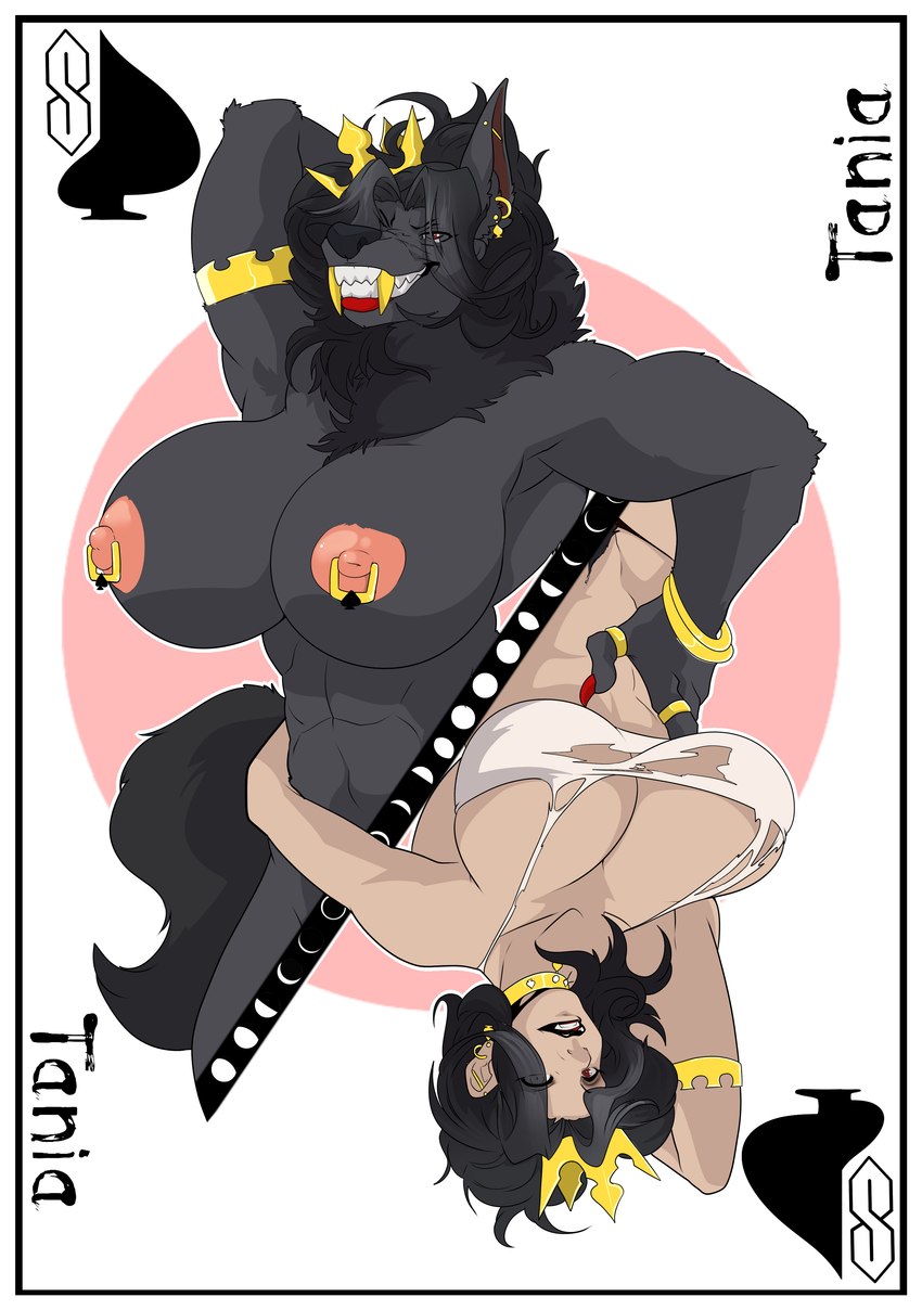 abs anthro big_breasts border breasts card card_template clothing crown eight_of_spades female headgear mature_female muscular muscular_anthro muscular_female nipple_dip nipple_piercing nipples piercing playing_card playing_card_template pubes queen royalty solo spades_(suit) suit_symbol symmetry symmetry_(rotational) transformation white_border weskers cool_s mythology tania_marovitch canid canine human mammal mythological_canine mythological_creature werecanid werecanine werecreature werewolf absurd_res hi_res