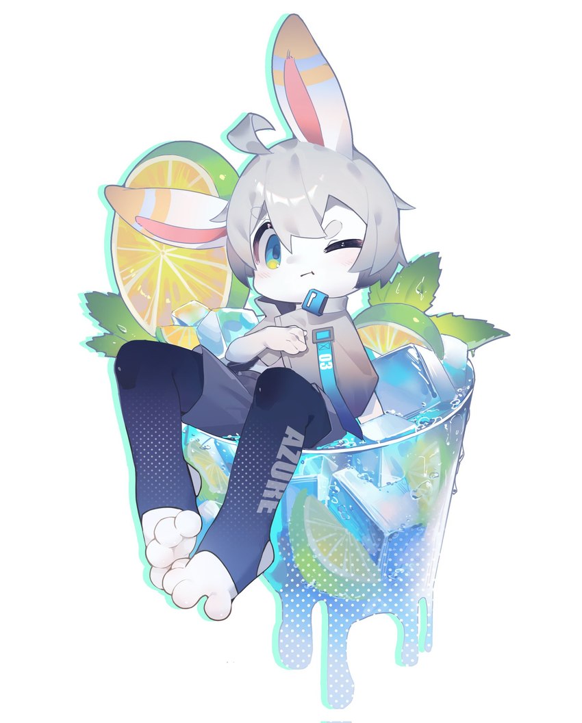 anthro barefoot beverage blue_clothing blue_eyes blue_legwear chibi clothed clothing feet grey_clothing grey_hair grey_topwear hair legwear long_ears looking_at_viewer male micro micro_male one_eye_closed open_mouth short_hair simple_background solo topwear white_background white_body emolga_1 lagomorph leporid mammal rabbit hi_res