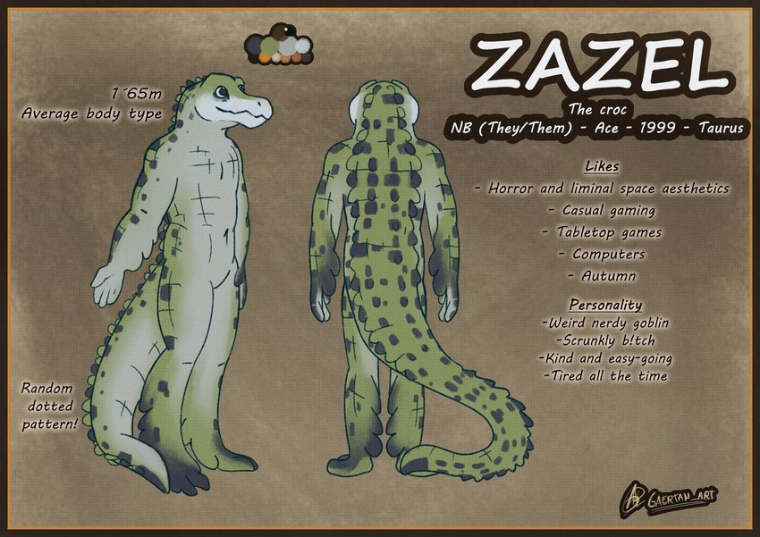 anthro brown_eyes countershading green_body green_scales grey_body grey_scales male nude_anthro nude_male scales solo standing text toony gaertan crocodile crocodilian reptile scalie digital_media_(artwork) english_text hi_res model_sheet nonbinary_(lore)