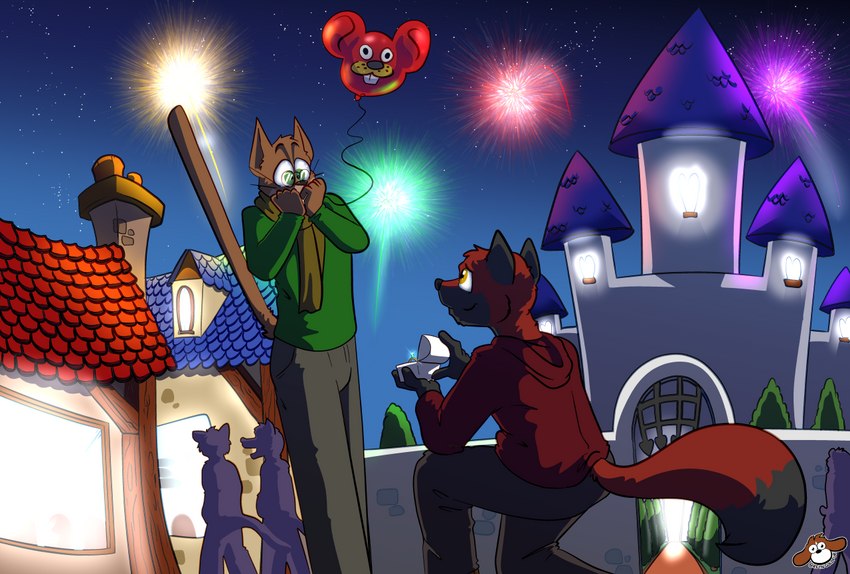 amusement_park animal_balloon animal_ear_balloon anthro balloon balloon_with_face castle duo_focus excited fireworks group holding_balloon holding_object inflatable male married_couple on_knee print_balloon proposal shaped_balloon reyn_goldfur disney disney_parks magic_kingdom walt_disney_world background_character blaze_wolf jesse_cat canid canine canis domestic_cat felid feline felis mammal wolf