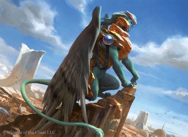 ambiguous_gender armor blue_body blue_fur blue_sky city cityscape cloud dutch_angle feathered_wings feathers feral fur furgonomics gem quadruped rock side_view sky solo standing step_pose tail tail_tuft tuft wings wesley_burt hasbro magic:_the_gathering mythology wizards_of_the_coast felid mammal mythological_creature mythological_sphinx official_art